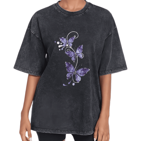 UNISHE Unisex Purple Butterflies Vintage Washed Oversized Short Sleeve Crewneck T-Shirt Dreamy Vines Mystical Aesthetic Relaxed Fit Tee