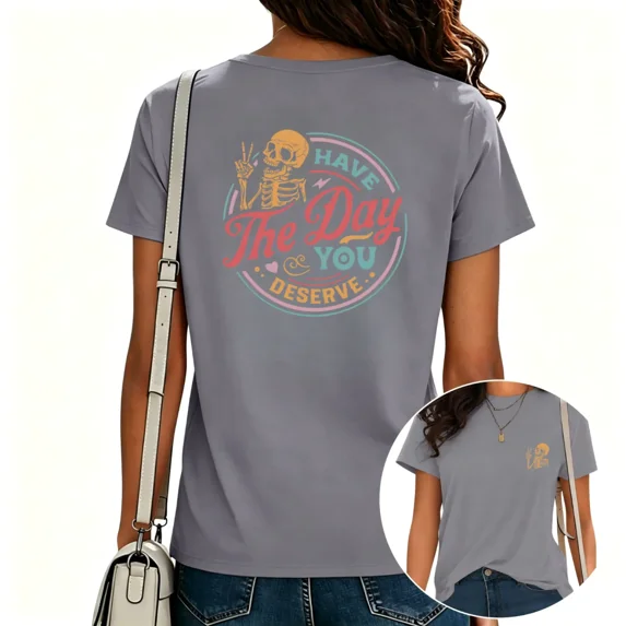 UNISHE Unisex Retro Skeleton Graphic Tee for Women Sarcastic Quote Front and Back Print Trendy Crewneck Streetwear Top Grey, L