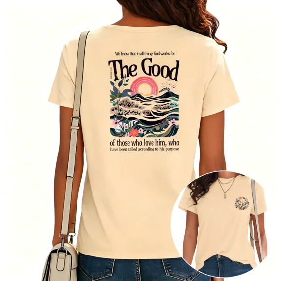 UNISHE Unisex Romans 8:28 Scripture Bible Verse Graphic Tees Christian T-Shirts for Daily Outfits Beige, L