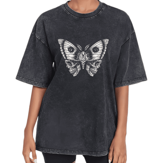 UNISHE Unisex Skeleton Butterfly Vintage Washed Oversized Short Sleeve Crewneck T-Shirt Dark Art Surrealism Relaxed Fit Tee