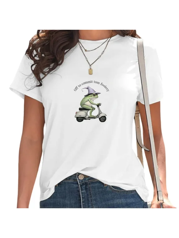Unisex Whimsical Witchy Frog Meadow Graphic Shirt Cute Pointed Hat Riding Casual Top White, XL