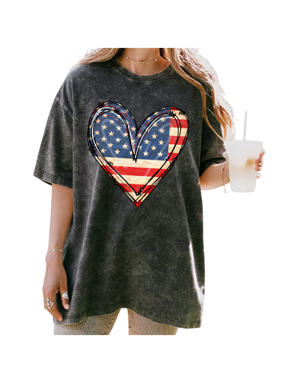 Vintage American Flag Heart Washed Short Sleeve Crew Neck T-Shirt