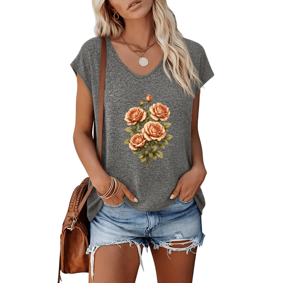 UNISHE Vintage Rose Bouquet Botanical flower Short Sleeve Graphic Tee for Women