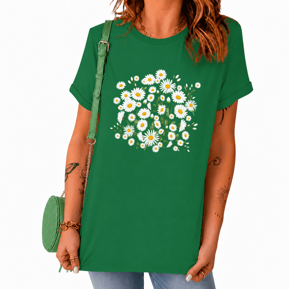 UNISHE Watercolor Daisy Floral Print Short Sleeve Crew Neck Tee for Women
