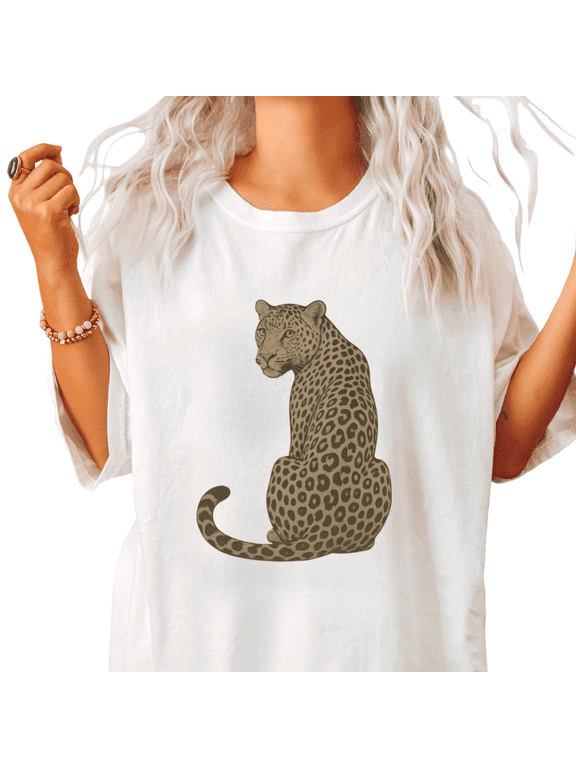 White Women's Boho Neutral Vintage Sitting Leopard Safari Graphic Short Sleeve T-Shirt Tops