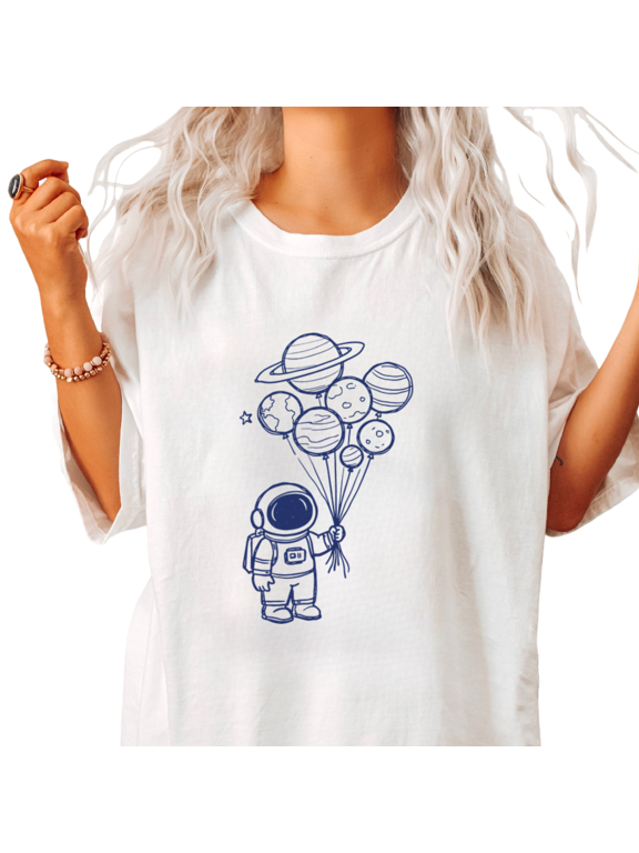 White Women's Casual Cute Lady Navy Line Astronaut Planet Balloon Space Graphic Short Sleeve T-Shirt Tops