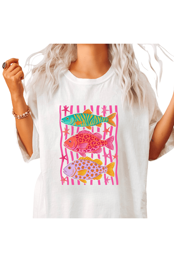 White Women's Preppy Pink Striped Leopard Tropical Starfish Fish Graphic Short Sleeve T-Shirt Tops