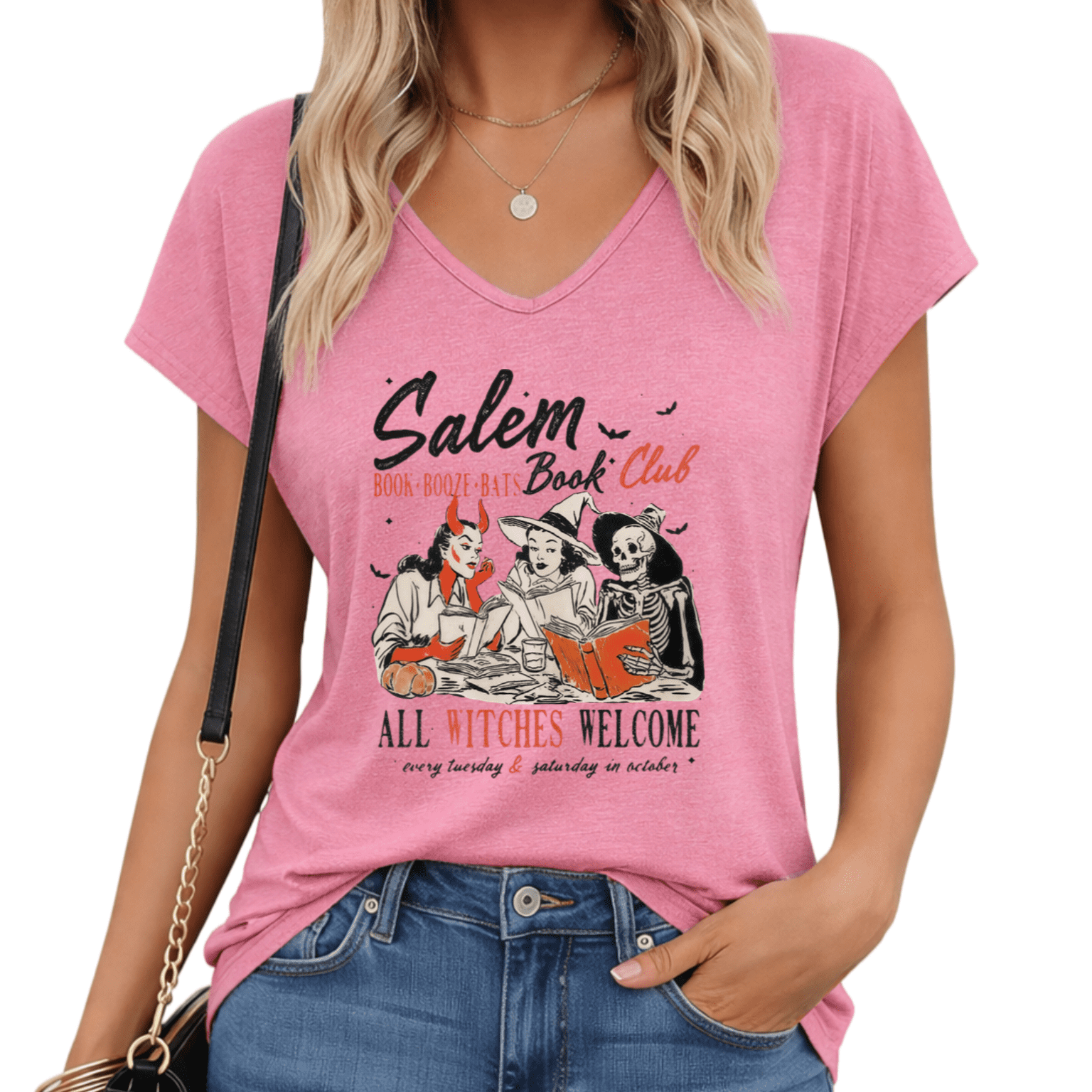 Red Rosa Book UNISHE Witches Salem Book Club Graphic Tee All Witches Welcome V Neck ...