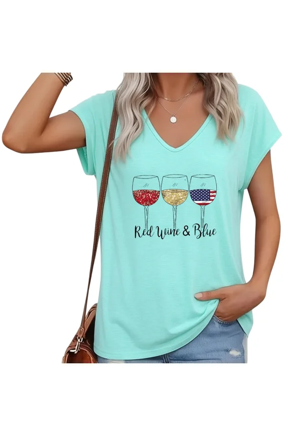 Women 1776-2026 USA 250th Anniversary V-Neck T-Shirt Red Wine & Blue Minimalist Wine Glass Patriotic Top S-5XL