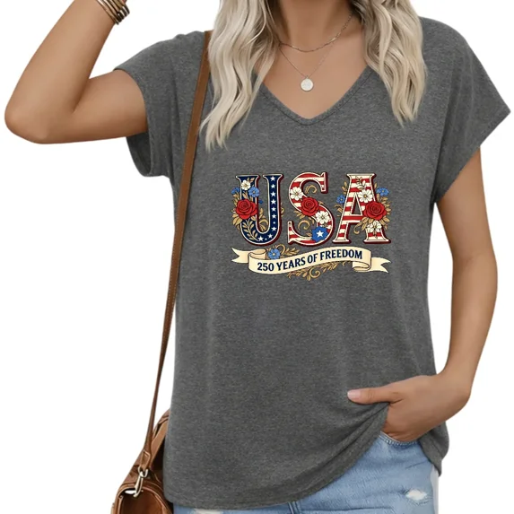 UNISHE Women 250 Years of Freedom V-Neck T-Shirt USA Floral Vintage 250th Anniversary Short Sleeve Top S-5XL