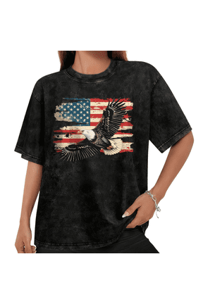 Women 4th of July Distressed American Flag Bald Eagle Print Short Sleeve Vintage Washed Cotton T-Shirt Black S-2XL