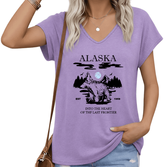 UNISHE Women Alaska Bear V Neck Short Sleeve T Shirt State Pride Graphic Casual Plus Size Tee S-5XL