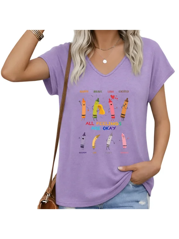 Women All Feelings Are Okay V-Neck Cap Sleeve T-Shirt Loose Fit Inspirational Crayon Graphic Top