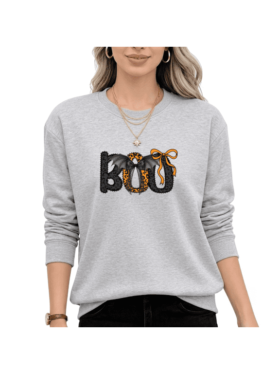 Women BOO Leopard Halloween Graphic Sweatshirt Cute Bat Wing Crewneck Long Sleeve Casual Pullover