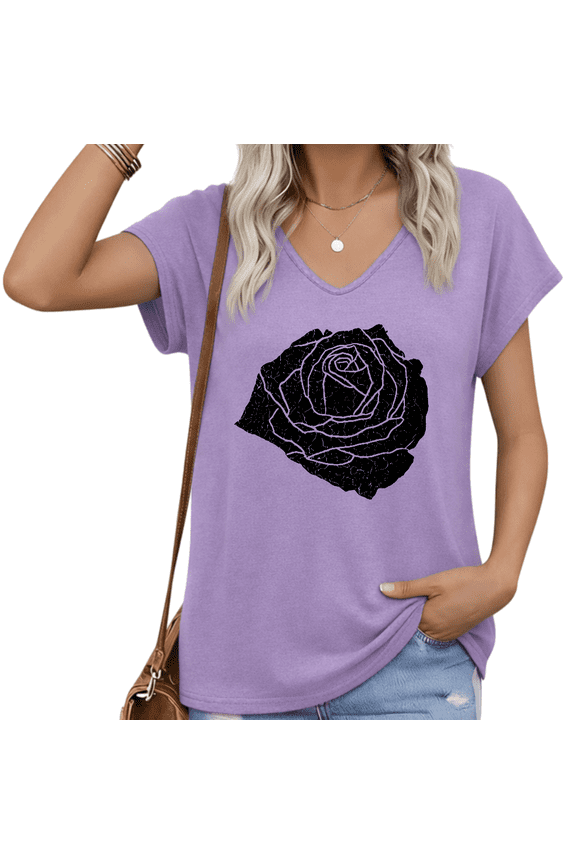 Women Black Distressed Rose V-Neck Sleeveless T-Shirt Casual Summer Top