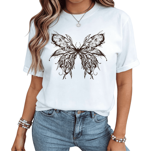 UNISHE Women Black Line Art Butterfly Graphic Short Sleeve T-Shirt Comfortable Cotton Crewneck Top