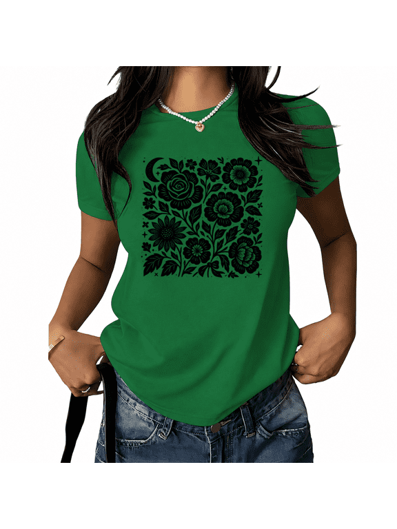 Women Black White Moon Floral Graphic Tee Bold Block Print Short Sleeve Round Neck Casual Top