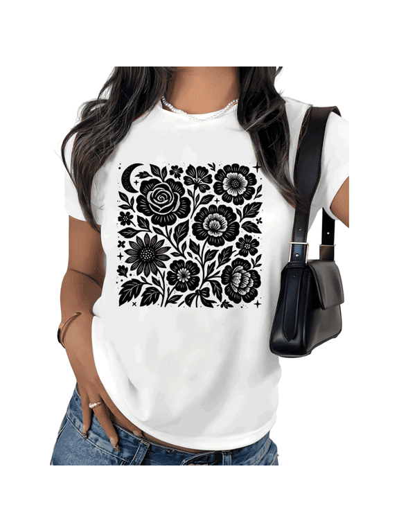 Women Black White Moon Floral Graphic Tee Bold Block Print Short Sleeve Round Neck Casual Top