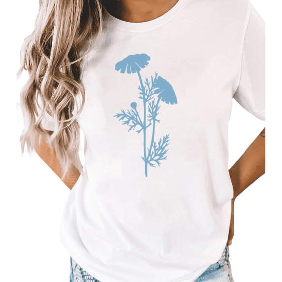 UNISHE Women Blue Daisy Wildflower Minimal Silhouette Botanical Simple S-5XL Short Sleeve White Tops
