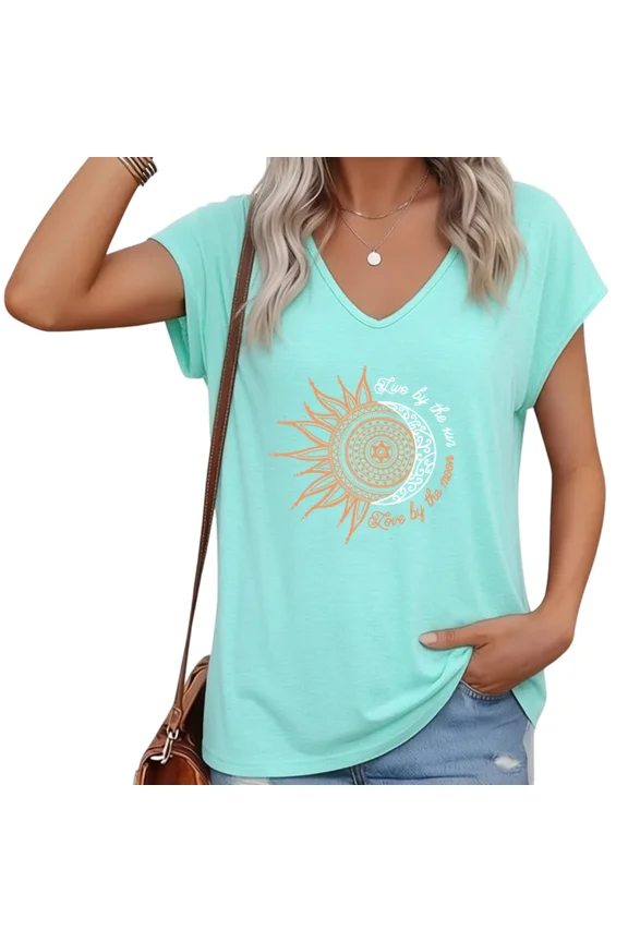 Women Blue Sun Moon Print V-Neck Short Sleeve T-Shirt Casual Loose Summer Top