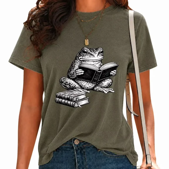 UNISHE Women Book Lover Print Tops Reading Frog Bookish Graphic Tees Washed Vintage Casual T-Shirts Green, S