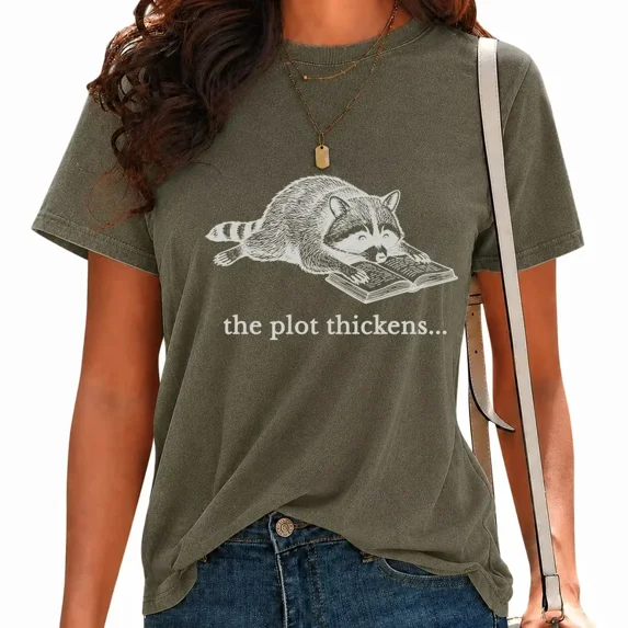UNISHE Women Book Lover Vintage Acid Wash Tops Reading Raccoon Graphic Tees Casual Short Sleeve T-Shirts Green, 2XL