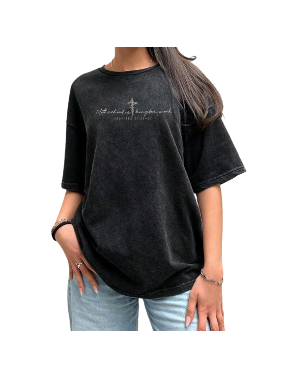 Women Caring Mama Wheat Cross Proverbs Faith Script Vintage Washed T-Shirt Crew Neck Relaxed Fit Tops
