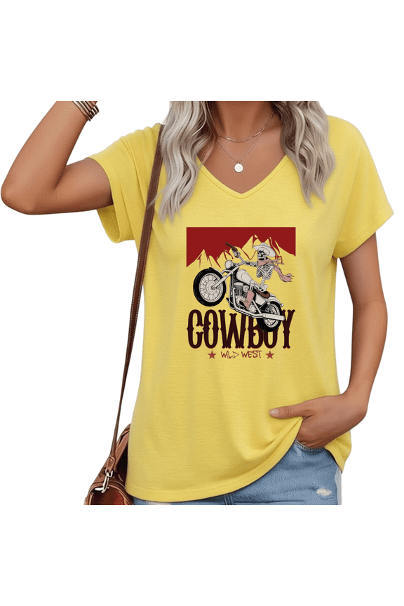 Women Casual Western V Neck Short Sleeve T Shirt Cowboy Skeleton Motorcycle Graphic Loose Plus Size Summer Tee S-5XL
