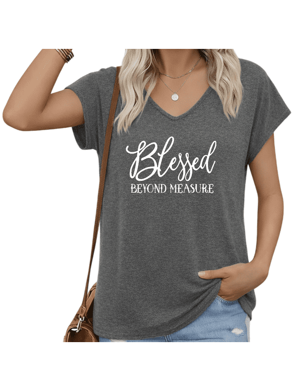 Women Christian Inspirational T-Shirt Blessed Beyond Measure Dark Grey Top