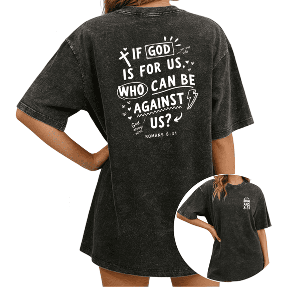 UNISHE Women Christian Romans 8:31 Vintage Washed Oversized Short Sleeve Crewneck T-Shirt Bible Verse Doodle Style Faith Inspirational Graphic Relaxed Fit Tee