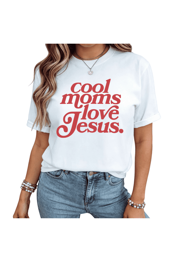 Women Cool Moms Love Jesus Retro Christian Mom Graphic Short Sleeve T-Shirt fun Cotton Crewneck Top White S-5XL