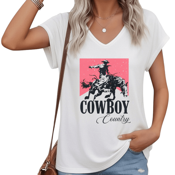 UNISHE Women Cowboy Country V Neck Short Sleeve T Shirt Black Silhouette Western Graphic Casual Loose Fit Top S-5XL
