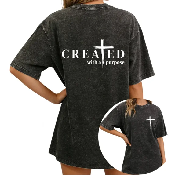 UNISHE Women Created with a Purpose Vintage Washed T-Shirt Oversized Short Sleeve Crewneck Loose Fit Christian Cross Faith Graphic Tee