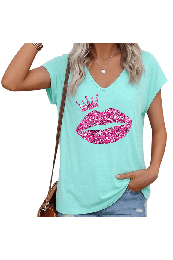 Women Crown Lips Graphic T-Shirt Mint Green Glitter Casual Top