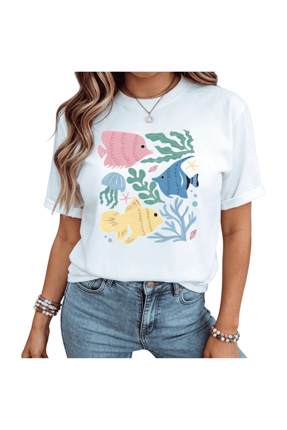 Women Cute Tropical Fish Ocean Sea Life Graphic Short Sleeve T-Shirt fun Cotton Crewneck Top White S-5XL
