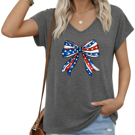 UNISHE Women Dark Gray American Flag Bow V-Neck T-Shirt Casual S-5XL