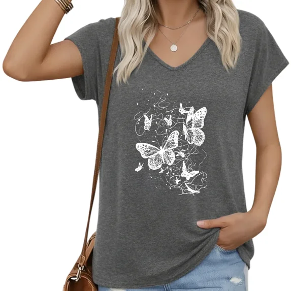 UNISHE Women Dark Gray Butterfly V-Neck Short Sleeve T-Shirt Casual S-5XL