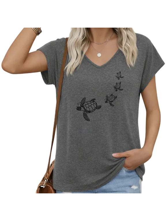 Women Dark Grey Sea Turtle V Neck Short Sleeve T Shirt Minimalist Tee