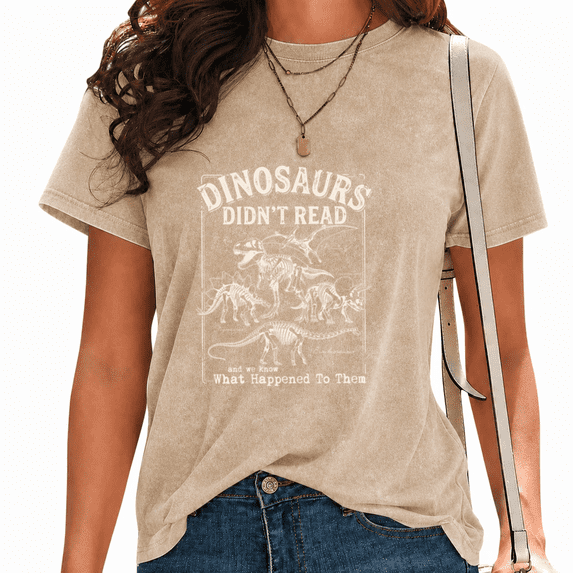 UNISHE Women Dinosaurs Didn't Read Graphic T-shirts Water Washed Short Sleeve Crewneck Tops Funny Dino Skeleton Illustration Book Lover Tees Summer