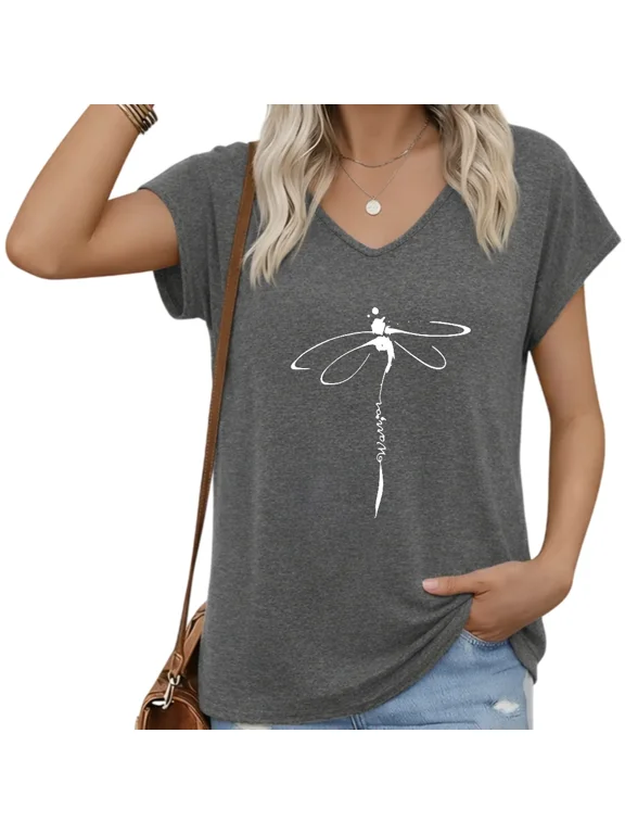 Women Dragonfly Print V-Neck Cap Sleeve T-Shirt Nature Tee S-5XL