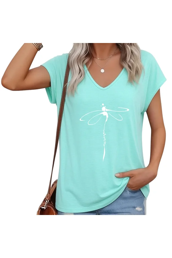 Women Dragonfly Summer V-Neck Cap Sleeve T-Shirt Nature Casual Tee S-5XL