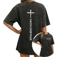 thumbnail image 1 of UNISHE Women Faith Over Fear Vintage Washed T-Shirt Oversized Short Sleeve Crewneck Loose Fit Nail Cross Christian Religious Graphic Tee, 1 of 6