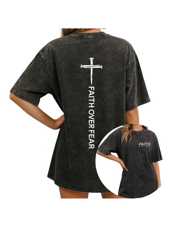 Women Faith Over Fear Vintage Washed T-Shirt Oversized Short Sleeve Crewneck Loose Fit Nail Cross Christian Religious Graphic Tee