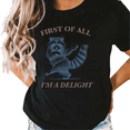 thumbnail image 1 of UNISHE Women First Of All Im A Delight Retro Raccoon Print S-5XL Short Sleeve Black Tops, 1 of 5