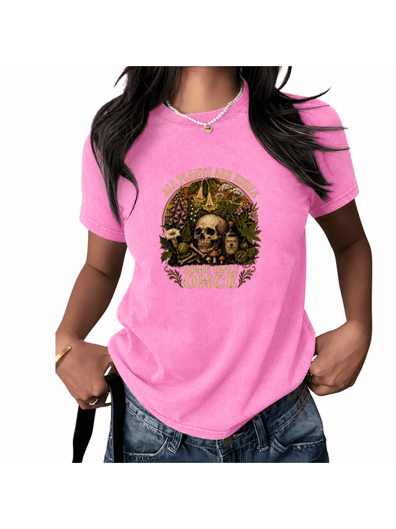 Women Flora Skull Crest Tee Short Sleeve Acid Wash Oversized T Shirt
