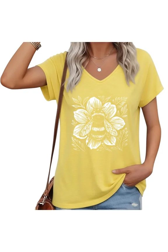 Women Floral Bee Graphic V-Neck Short Sleeve T-Shirt Nature Top S-5XL