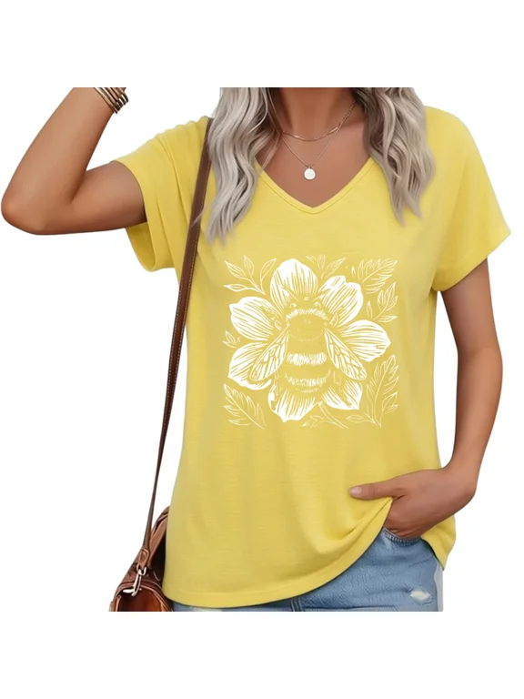Women Floral Bee Graphic V-Neck Short Sleeve T-Shirt Nature Top S-5XL