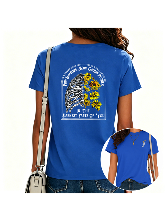Women Front Back Print T-Shirt Floral Shadow Design Tees Unique Nature Art Crewneck Short Sleeve Trendy Everyday Tops