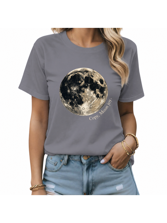 Women Full Moon Planet Copy Moon Joy Graphic Short Sleeve T-Shirt Gray Top