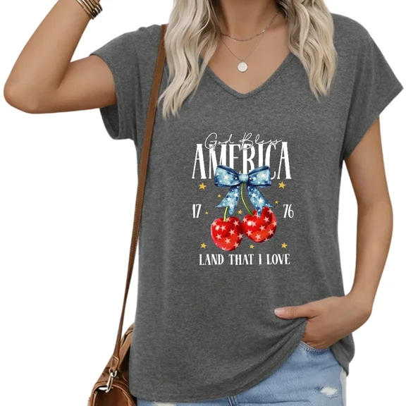 UNISHE Women Fun Patriotic V-Neck T-Shirt God Bless America Cherries Bow 1776 Short Sleeve Top S-5XL